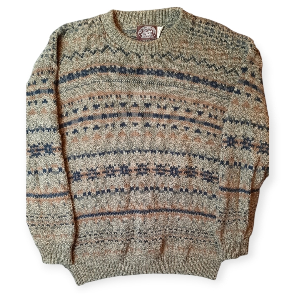 Victoria Dry Goods Sweater Mens XL Beige Patterned Knit Vintage Grandpacore